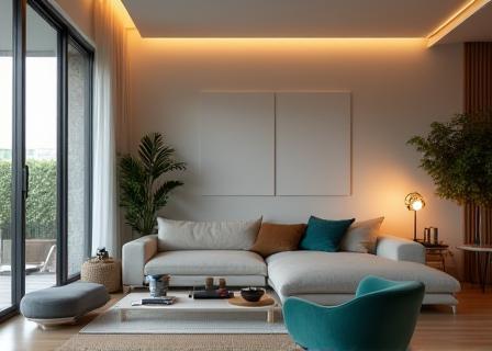 Minimalist living room in the Netherlands, seamlessly blending smart lighting and tech panels
